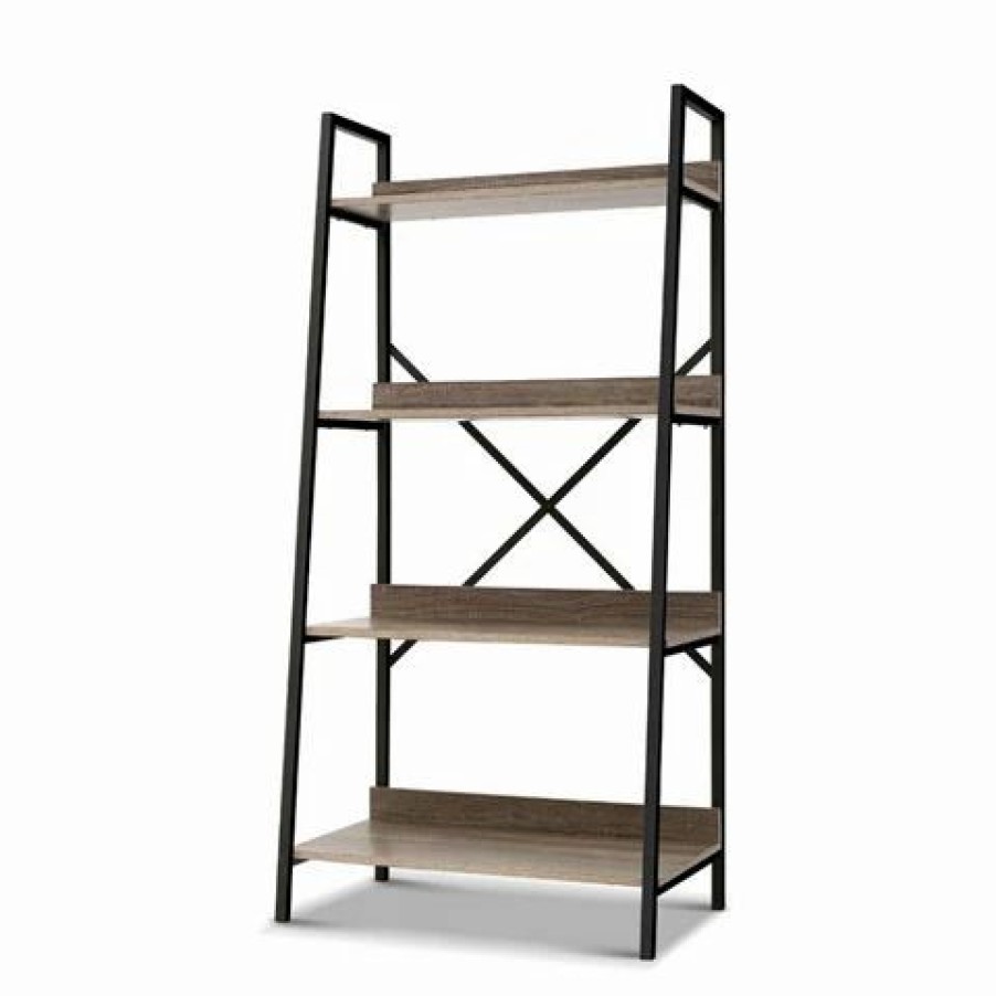 Furniture * | Artiss Bookshelf Metal Oak Display Storage 4Tier