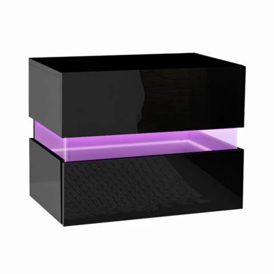 Furniture * | Artiss Bedside Table 2 Drawers Rgb Led High Gloss Black