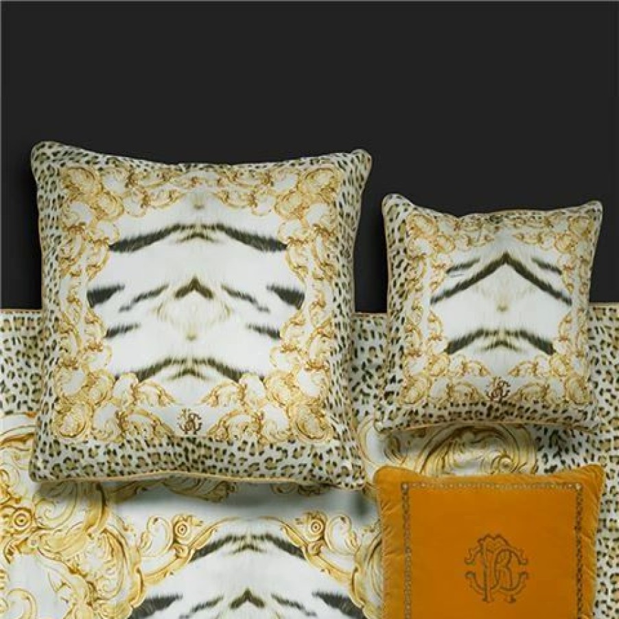 Cushions * | Roberto Cavalli Tiger Frame Silk Cushion Gold 60X60Cm