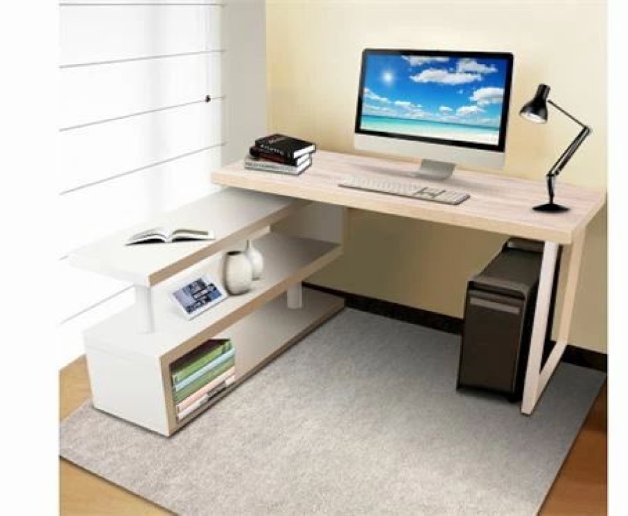 Furniture * | Home Office Design Rotary Corner Desk Bookshelf Brown