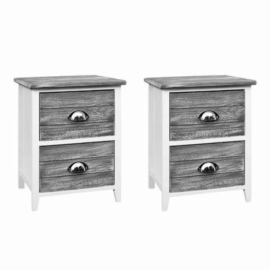 Furniture * | Artiss Bedside Table 2 Drawers Storage Grey Set 2Pce