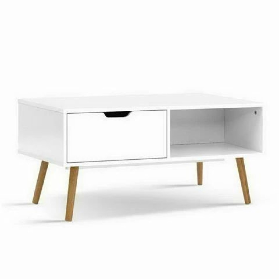 Furniture * | Artiss Coffee Table Shelf Wooden Legs Scandinavian White