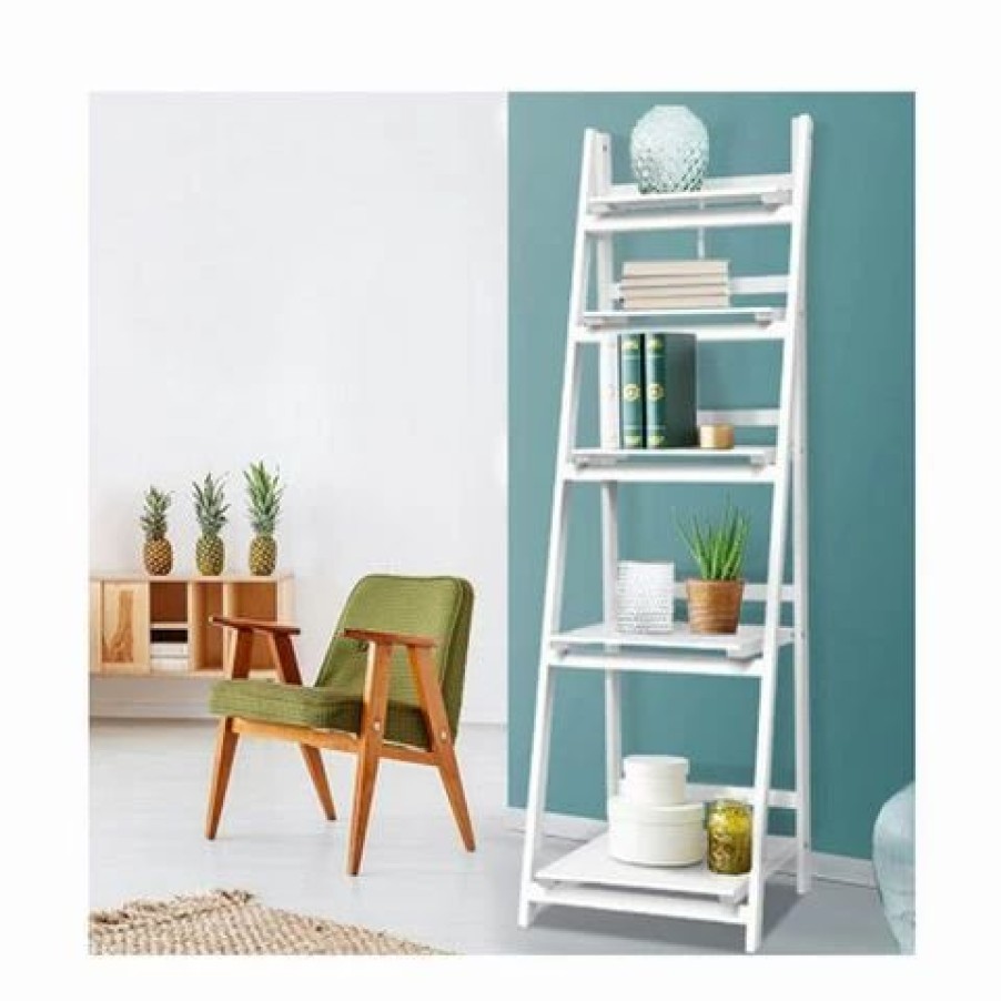 Furniture * | Home Office Design 5 Tier Wooden Book Shelves Rack White