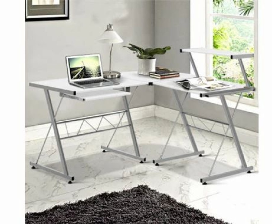 Furniture * | Home Office Design Corner Metal Pull Out Table Desk White