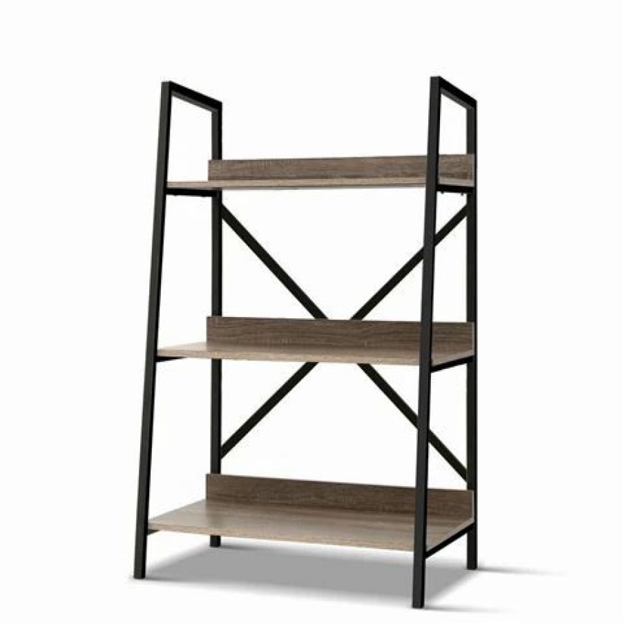 Furniture * | Artiss Bookshelf Metal Oak Display Storage 3Tier