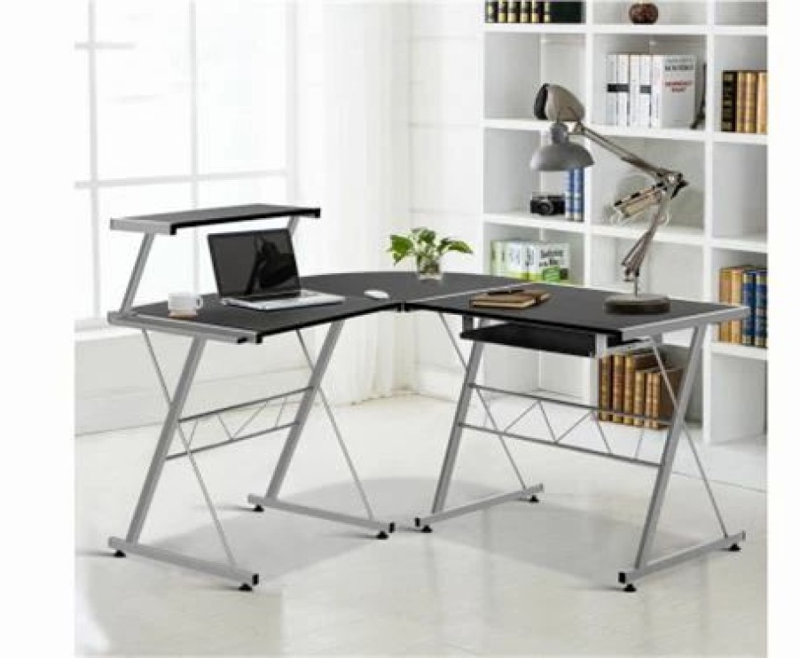 Furniture * | Home Office Design Corner Metal Pull Out Table Desk Black