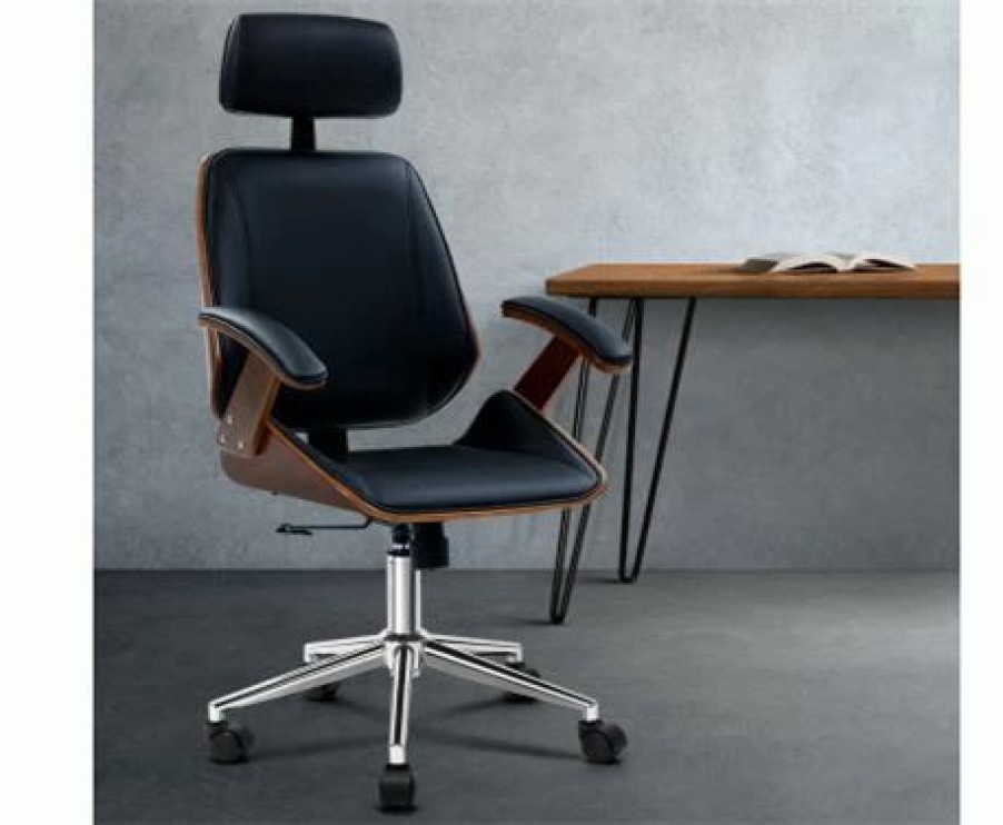 Furniture * | Home Office Design Wooden Chair Leather Black