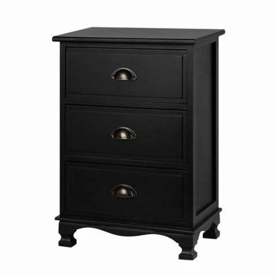 Furniture * | Artiss Vintage Bedside Table 3-Drawer Black